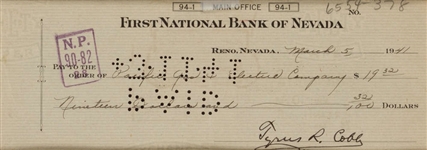 Ty Cobb Signed 1941 Bank Check PSA/DNA Graded GEM MINT 10!