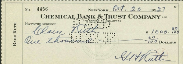 Babe Ruth Exceptionally Signed & Hand Written 1937 Bank Check to Claire Ruth! (PSA/DNA)