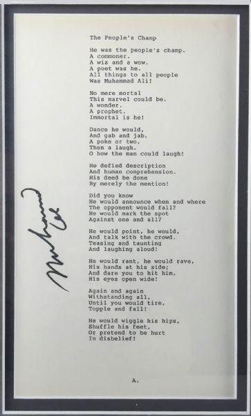 Muhammad Ali Signed The People's Champ Typewritten Poem in Custom Framed Display (JSA)
