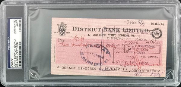 The Beatles: John Lennon Extraordinarily Rare Double Signed 1970 Bank Check (PSA/DNA Encapsulated)