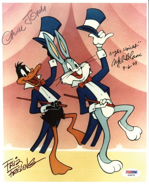 Animation Legends: Mel Blanc, Friz Freleng, and Chuck Jones Signed 8" x 10" Bugs & Daffy Photo (PSA/DNA)
