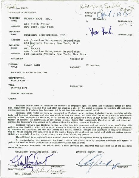 Mel Brooks Important Signed Contract for Blazing Saddles! (PSA/DNA)