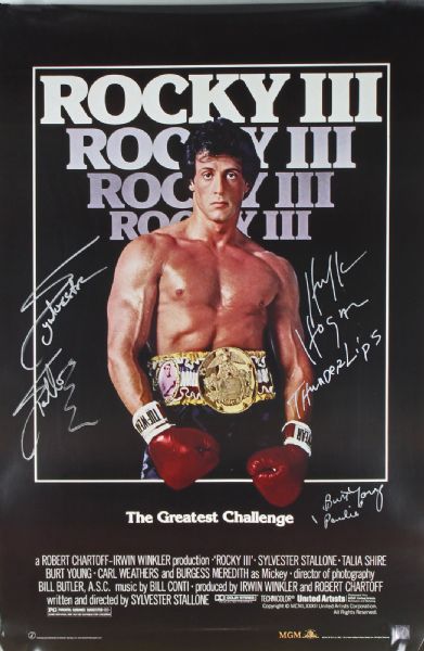 Rocky III Cast Signed 24" x 36" Movie Poster w/ Sylvester Stallone, Hulk Hogan, and Burt Young (PSA/JSA Guaranteed)