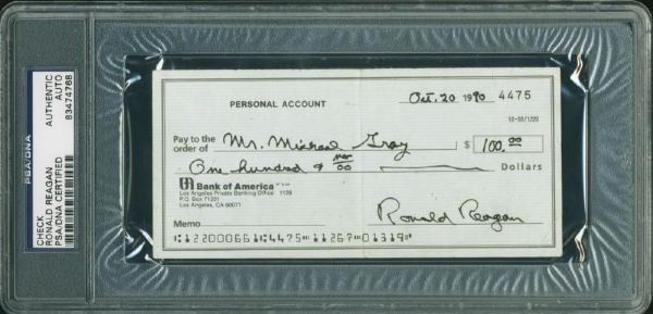 Ronald Reagan Rare Handwritten & Signed Personal Bank Check (PSA/DNA Encapsulated)