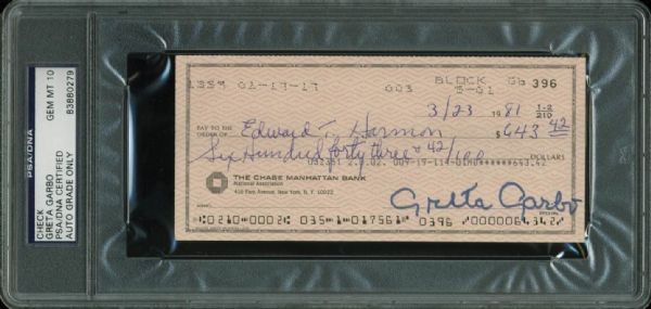 Greta  Garbo Signed Near-Mint 1981 Bank Check (PSA/DNA Graded GEM MINT 10)