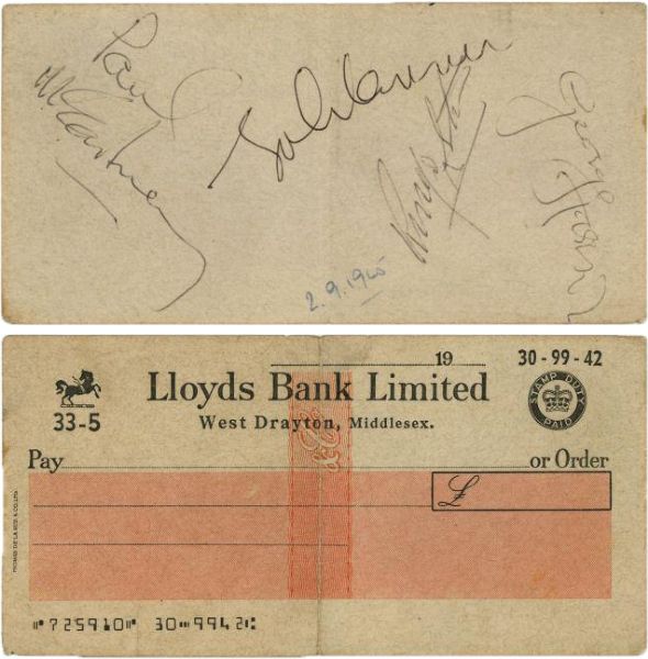 The Beatles Group Signed c. 1965 Lloyds Bank Check, The First Group Signed Check To Surface! (PSA/DNA Encapsulated)