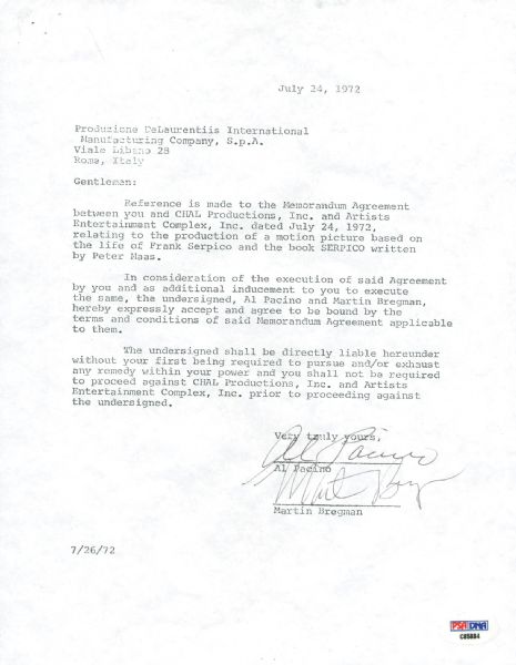 Al Pacino Signed 1974 Serpico Contract (PSA/DNA)