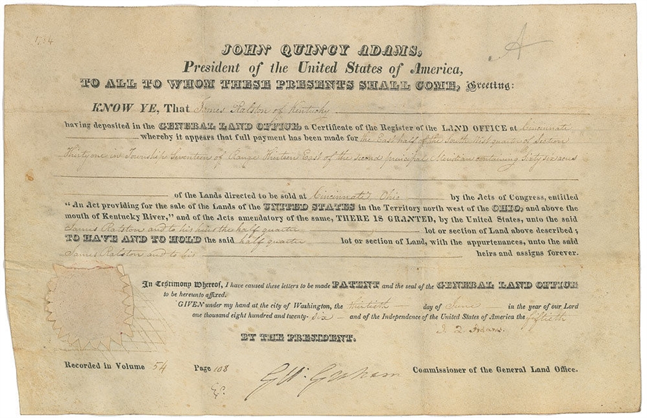 John Quincy Adams Signed 1826 Land Grant (PSA/DNA)