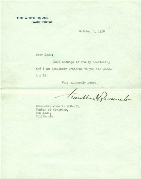 President Franklin D. Roosevelt Signed 1938 White House Letter (PSA/DNA)