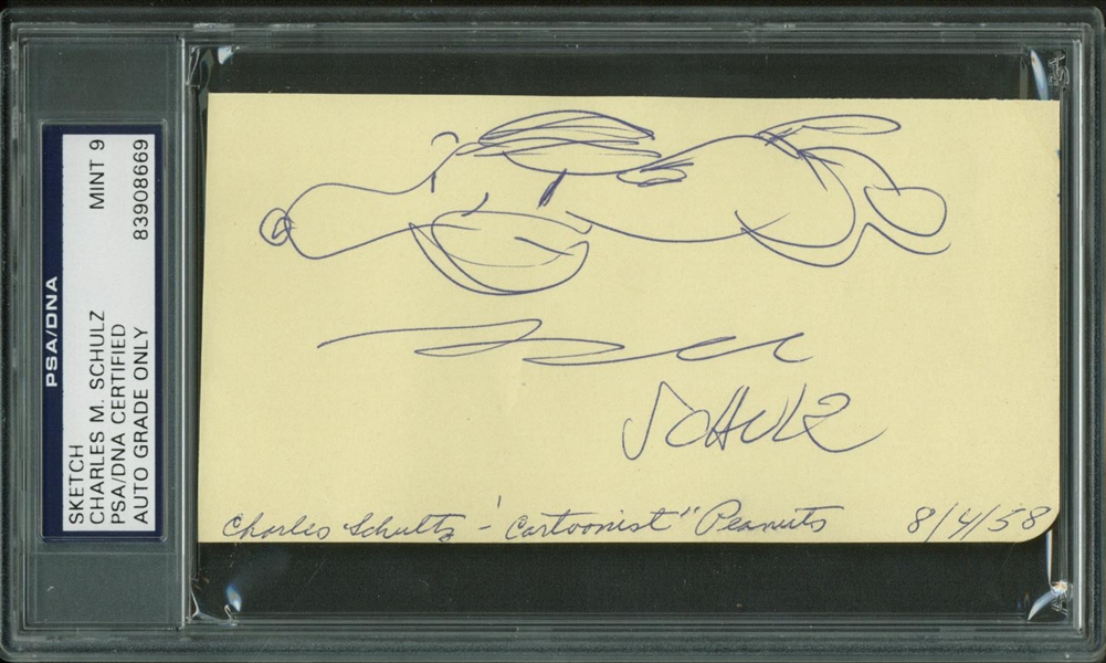 Peanuts: Charlie Schulz Rare Vintage c. 1958 Signed 5" x 2" Snoopy Sketch PSA/DNA MINT 9!