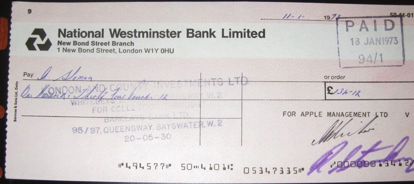 The Beatles: Ringo Starr Signed 1973 Apple Management Bank Check (PSA/JSA Guaranteed)
