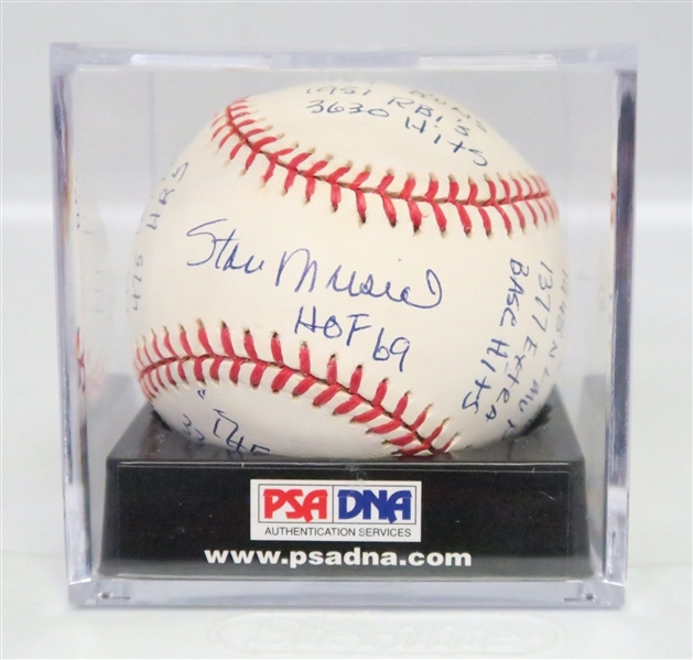 Stan Musial Signed & Hand Inscribed Stat ONL Baseball PSA/DNA Graded NM 8.5!