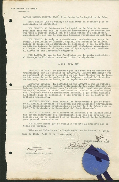 Cuban Revolution: Fidel Castro Vintage c. 1959 Signed 8.5" x 13" Original Flood Disaster Document (PSA/DNA)