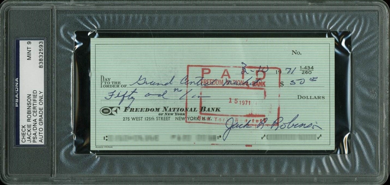 Jackie Robinson Superb Signed Personal Bank Check (PSA/DNA Graded MINT 9)