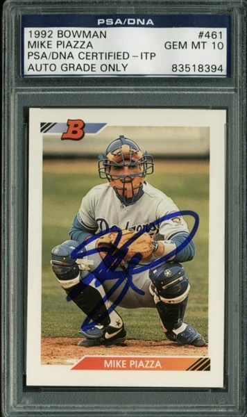Mike Piazza Signed 1992 Bowman Rookie Card #461 - PSA/DNA Graded GEM MINT 10