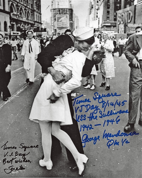 V-J Day in Times Square: George Mendonca & Greta Friedman Signed 8" x 10" B&W Photo (PSA/JSA Guaranteed)