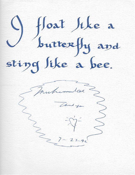 Muhammad Ali Signed 9" x 12" Sheet with "Float Like A Butterfly, Sting Like a Bee" Calligraphy Artwork (PSA/JSA Guaranteed)