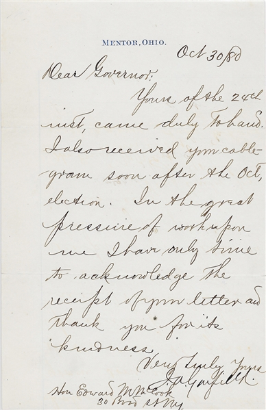 President James Garfield Handwritten 1880 Letter as Ohio Sentaor to Governor of Colorado Territory--3 Days Before His Presidential Election Victory! (PSA/DNA)