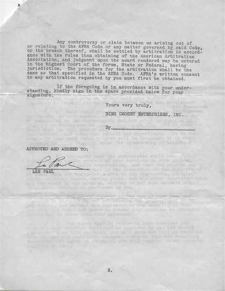 Les Paul Signed 1949 3-Page Contract for Appearance on The Bing Crosby Radio Show (PSA/JSA Guaranteed)