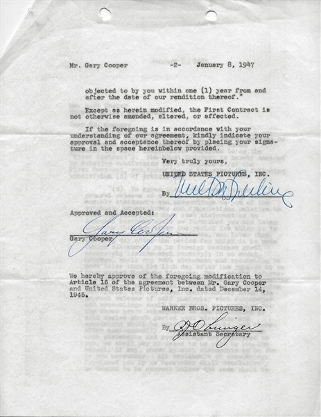 Gary Cooper Signed 1947 Warner Bros Amendment Document (PSA/DNA)