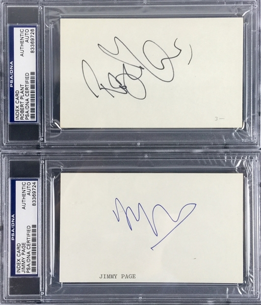 Led Zeppelin: Jimmy Page & Robert Plant Signed Index Card Lot (2)(PSA/DNA Encapsulated)