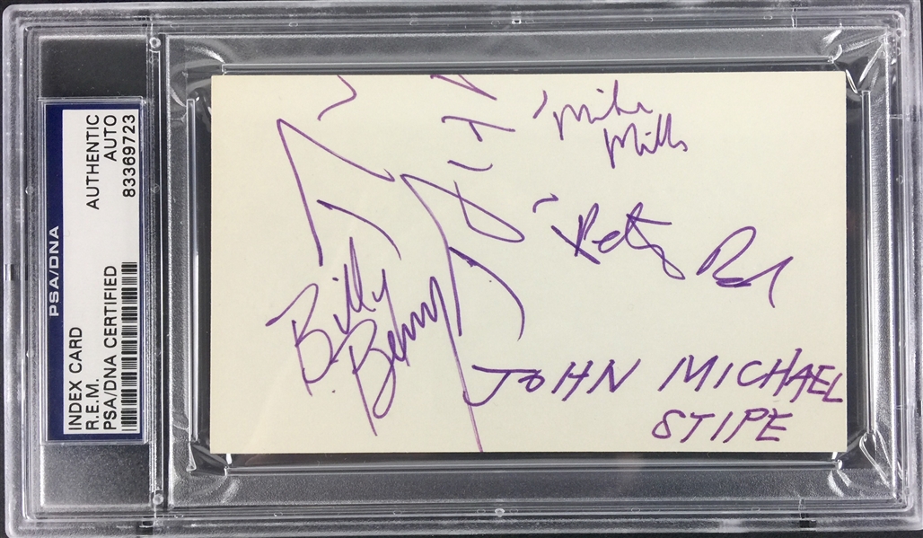 R.E.M. Group Signed 3" x 5" Index Card with Rare "John Michael Stipe" Full Name Autograph (PSA/DNA Encapsulated)