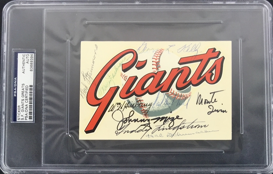 Giants Baseball Legends Signed 3.5" x 5.5" Vintage Decal w/Terry, Hubbell, etc. (9 Sigs)(PSA/DNA Encapsulated)