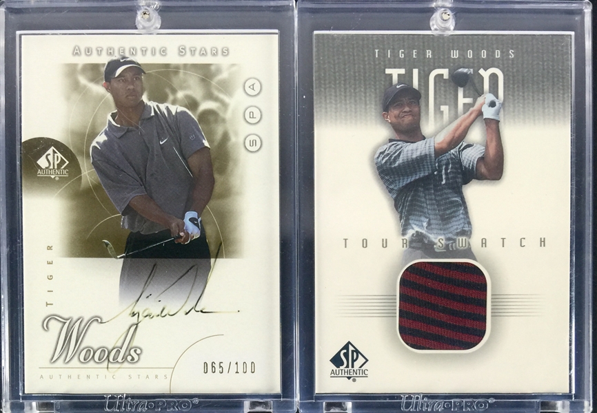 2001 Tiger Woods Upper Deck SP Authentic Stars Autograph Insert Card (065/100) with Tour Swatch Card (UDA)