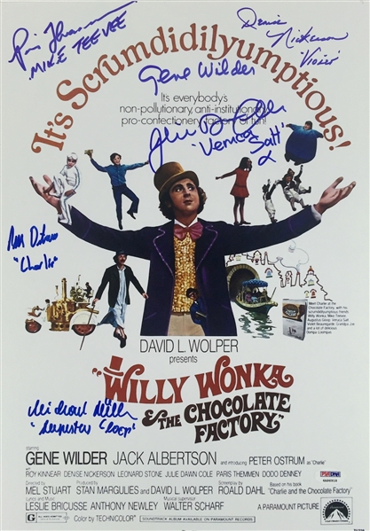 Willy Wonka & The Chocolate Factory Cast Signed 12" x 15" Photo of Poster Image w/ Wilder, etc. (6 Sigs)(PSA/DNA)