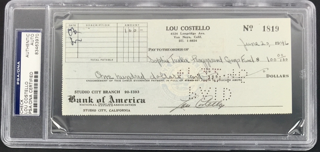 Lou Costello Vintage Signed Bank Check to Sophie Tucker Charity Fund (PSA/DNA Encapsulated)