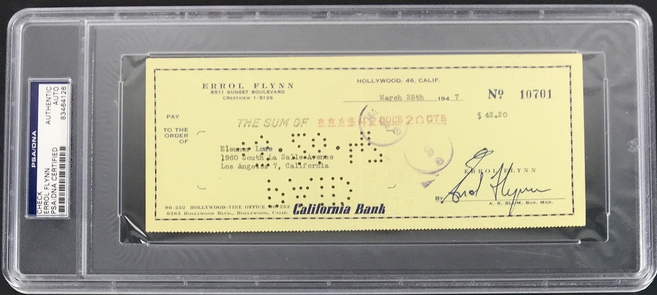 Errol Flynn Signed Vintage Bank Check c. 1947 (PSA/DNA Encapsulated)