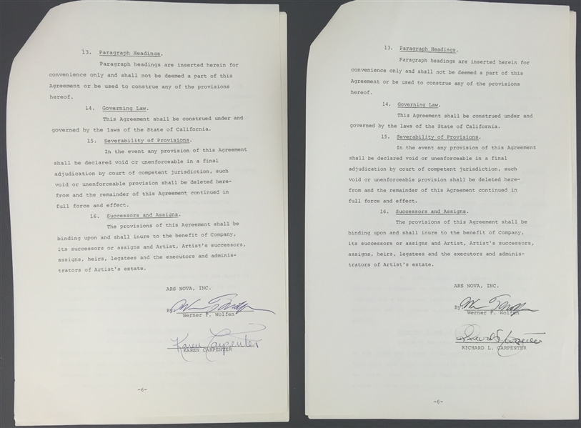 The Carpenters: Karen & Richard Carpenter Signed Set of Business Documents (PSA/DNA)