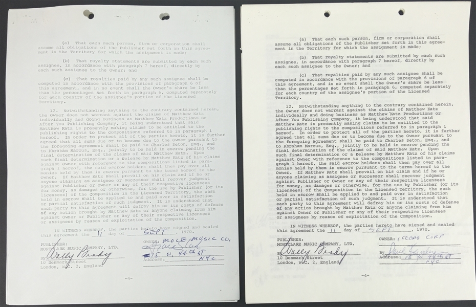 Jefferson Airplane: Grace Slick & Paul Kanter Signed Publishing Agreements (PSA/DNA)