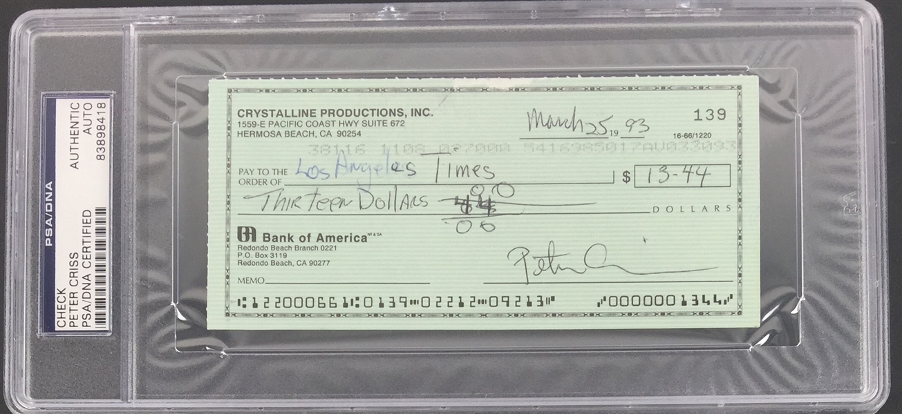 KISS: Peter Criss Signed Business Bank Check c. 1993 (PSA/DNA Encapsulated)