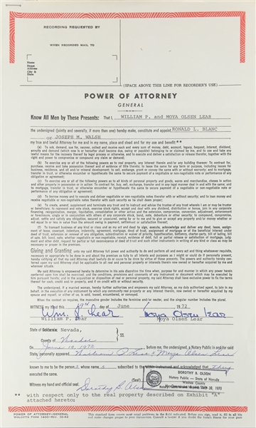 William P. Lear (Lear Jet) Signed Power of Attorney Document (PSA/DNA)