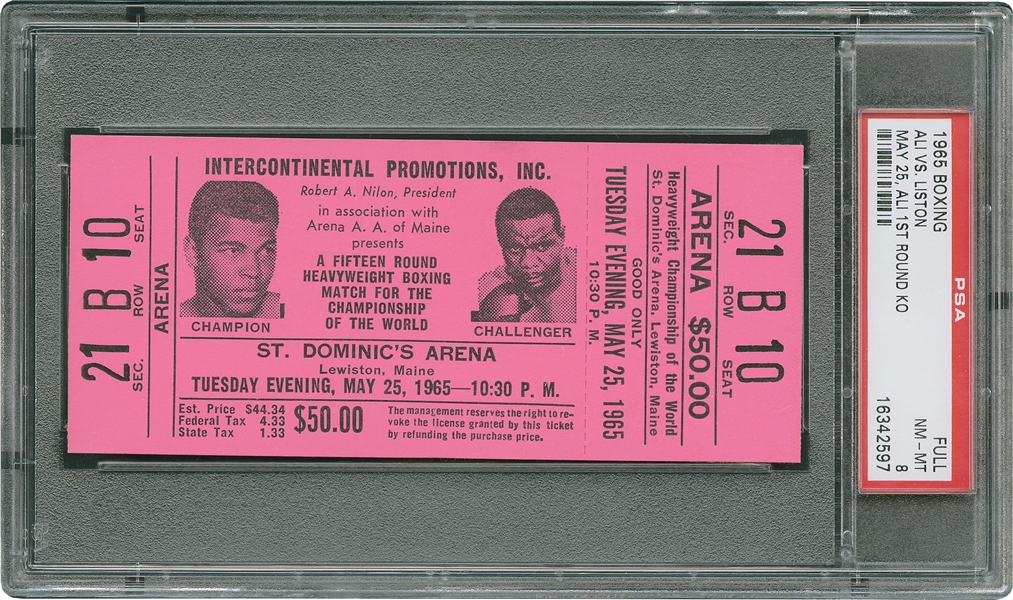 Muhammad Ali vs. Sonny Liston 1965 Original Full Fight Ticket - PSA Graded NM-MT 8