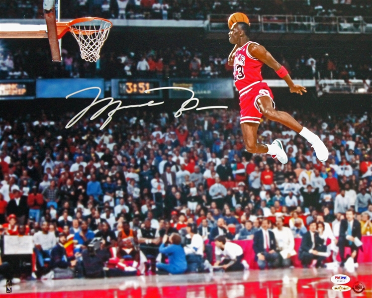 Michael Jordan Signed 16" x 20" Color Photo feat. The Historic Gatorade Slam Dunk - PSA/DNA Graded GEM MINT 10!