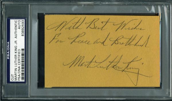 Martin Luther King Jr. Signed 2.5" x 3.5" Album Page w/ Rare "For Peace and Brotherhood" Inscription! (PSA/DNA)