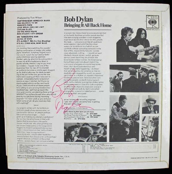 Bob Dylan Signed Near-Mint "Bringing It All Back Home" Album (PSA/DNA)