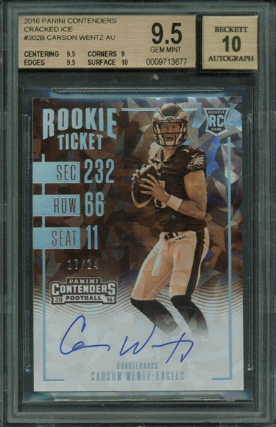 2016 Panini Contenders Cracked Ice #302b Carson Wentz Signed Rookie Card BAS Graded 9.5 w/ 10 Auto!