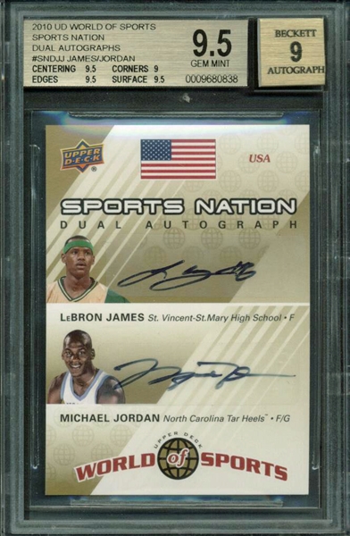 2010 UD World of Sports Michael Jordan & LeBron James Dual Signed Limited Edition Card Beckett Graded 9.5 w/ 9 Auto!