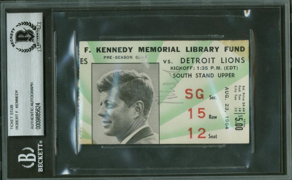Robert F. Kennedy Signed John F. Kennedy Memorial Library Fund Football Ticket (Beckett/BAS Encapsulated)