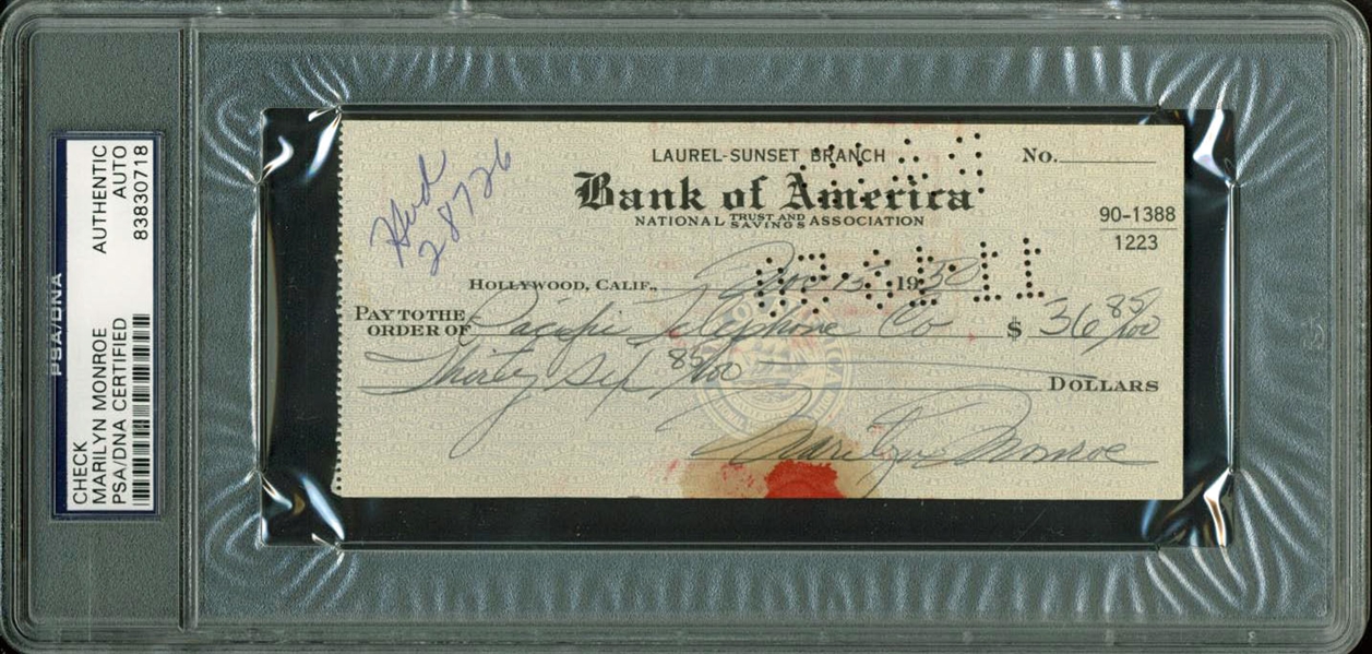Marilyn Monroe Signed & Hand Written 1950 Phone Bill Check w/ Lipstick Stain! (PSA/DNA Encapsulated)