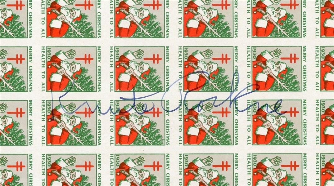 Knute Rockne Signed 3" x 5" 1930 Christmas Stamps (JSA)