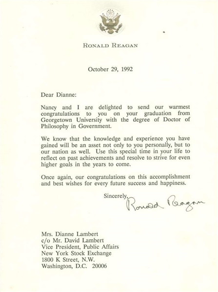 President Ronald Reagan Signed 7" x 9" Typed 1992 Letter (Beckett)