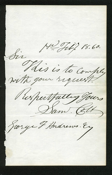 Samuel Colt Rare Handwritten and Signed 1860 Letter (BAS/Beckett)