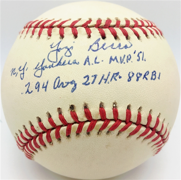 Yogi Berra Rare Signed & Inscribed OAL Baseball w/ 1951 MVP Stats! (PSA/DNA)