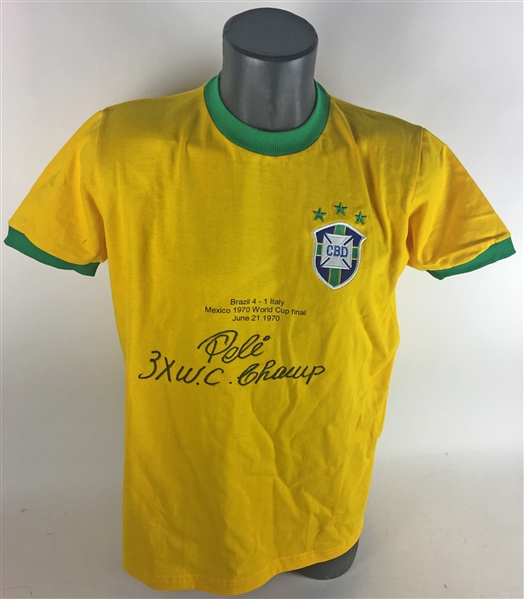 Pele Signed & Inscribed "3x WC Champ" Brazil Soccer Jersey (Beckett)
