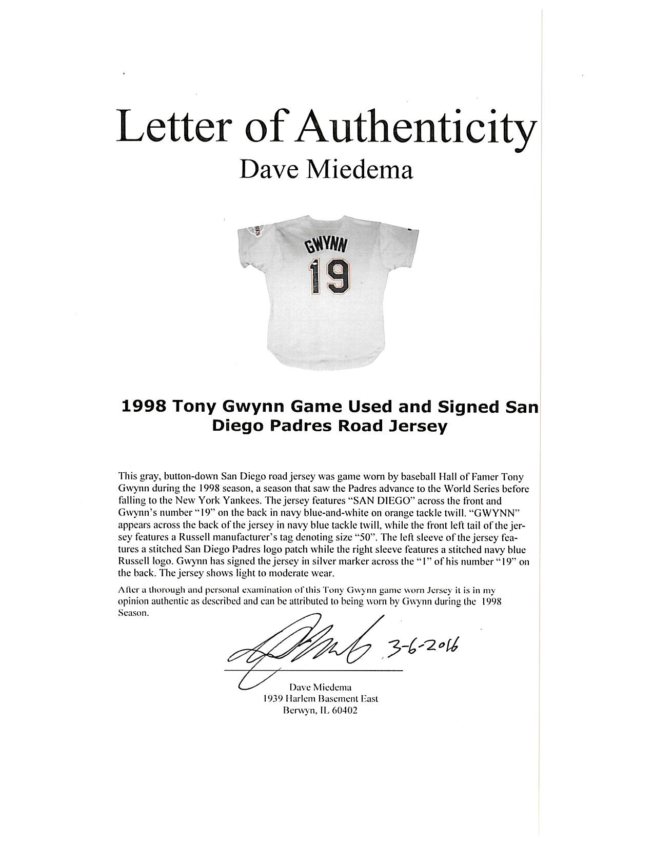 Lot Detail - Tony Gwynn Signed Game Used/Worn 1998 San Diego
