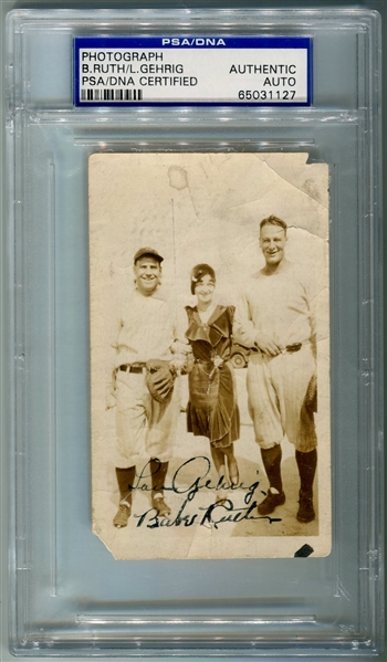Babe Ruth & Lou Gehrig Dual Signed 2.5" x 4" Vintage Photograph (PSA/DNA)